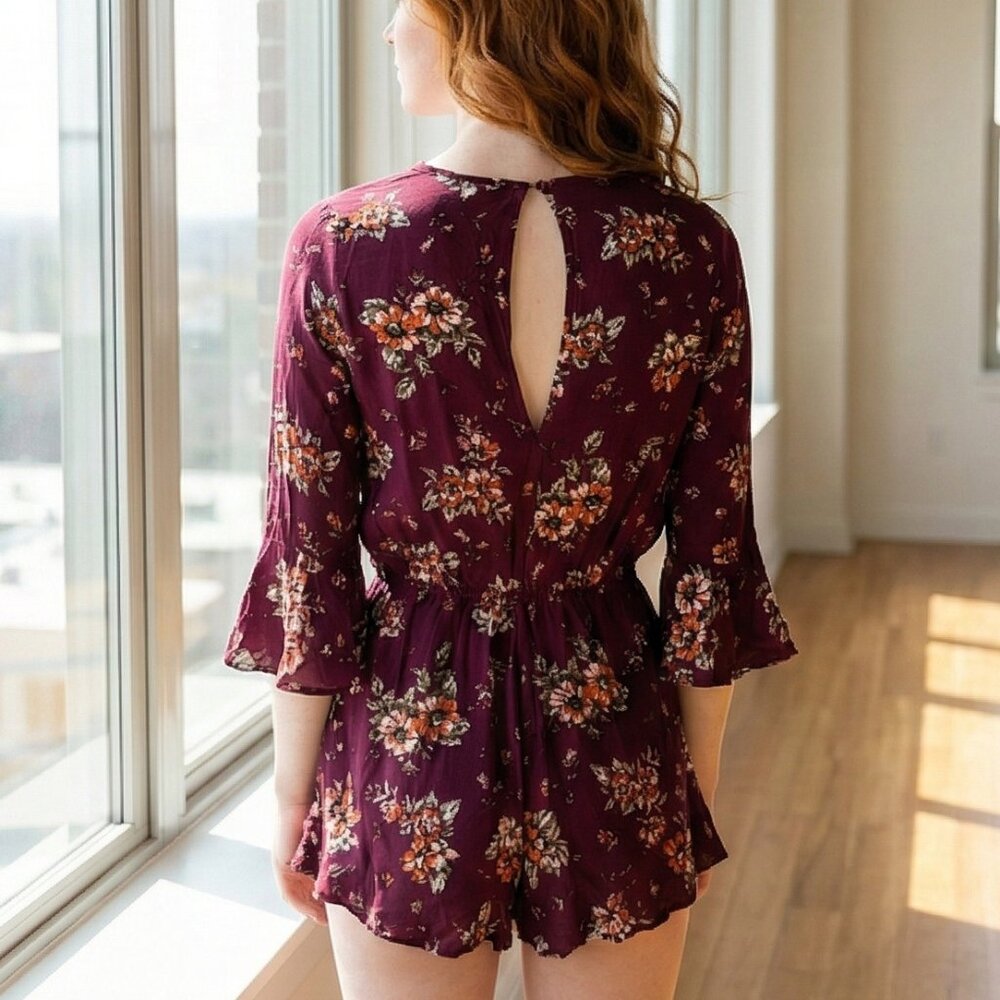 Ambiance Burgundy Floral Long Sleeve Romper with Open Back